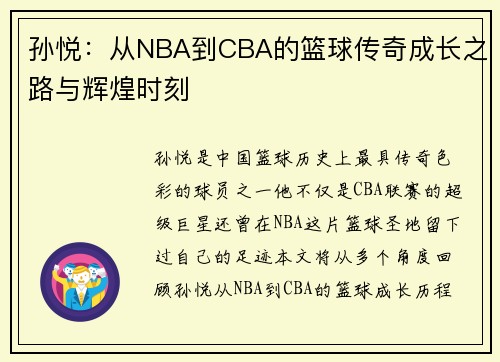 孙悦：从NBA到CBA的篮球传奇成长之路与辉煌时刻