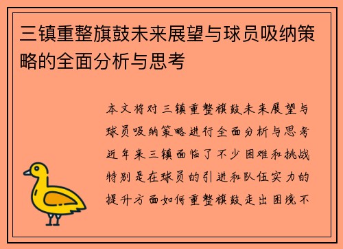 三镇重整旗鼓未来展望与球员吸纳策略的全面分析与思考