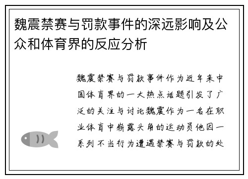 魏震禁赛与罚款事件的深远影响及公众和体育界的反应分析